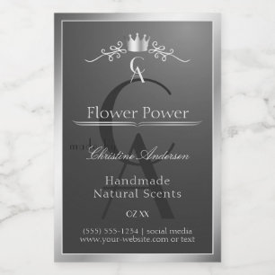 Anthraciet productlabel zilveren frame en monogram voedselcontainer etiket