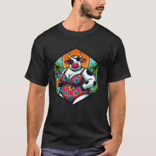 Anthropomorfe Koe in Gebloemde Zwempak Met Drank T-shirt