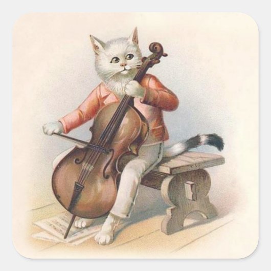 Anthropomorphic White Cat Playing Cello Vierkante Sticker (Voorkant)