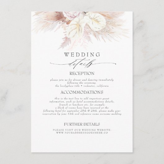 Anthuriums en Pampas Gras Bruiloft Informatie Informatiekaartje (Voorkant)