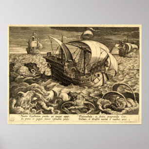 Antiek 1590 schepen en monsters van Zeeen Poster