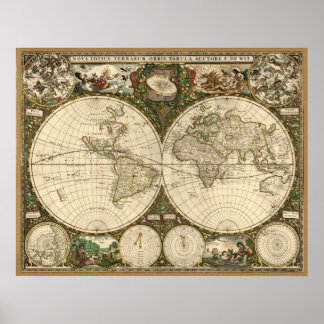 Antiek 1660 Wereldkaart van Frederick de Wit Poster