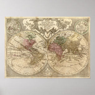 Antiek 1690 Wereldkaart van Guillaume de L'Isle Poster