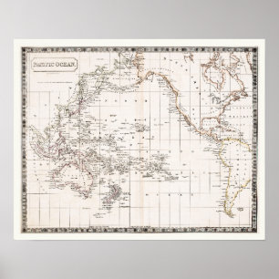 Antiek 1800s kaart van de Stille Oceaan Poster