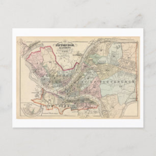 Antiek 1872 Kaart van Pittsburgh en Allegheny