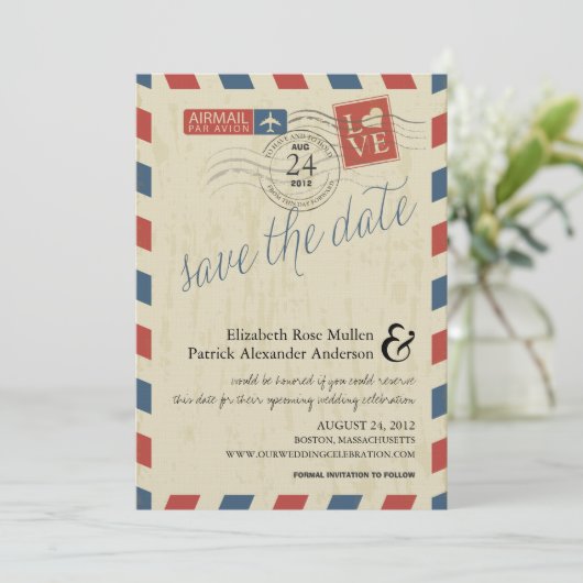 Antiek Airmail sparen de Datum Save The Date (Staand voorkant)