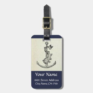 ANTIEK ANCHOR & FISH NAUTICAL Navy Blue Monogram Bagagelabel