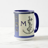 ANTIEK ANCHOR & FISH NAUTICAL Navy Blue Monogram Mok (Voorkant rechts)