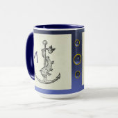 ANTIEK ANCHOR & FISH NAUTICAL Navy Blue Monogram Mok (Voorkant links)