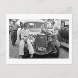 Antiek auto, geweldige depressie familie, jaren de briefkaart