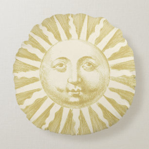 Antiek  Beige Gold Sun Face Rond Kussen