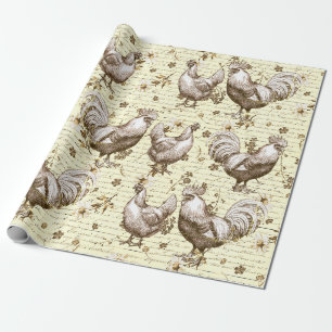 Antiek Beige Rooster Hen Frans Script Cadeaupapier