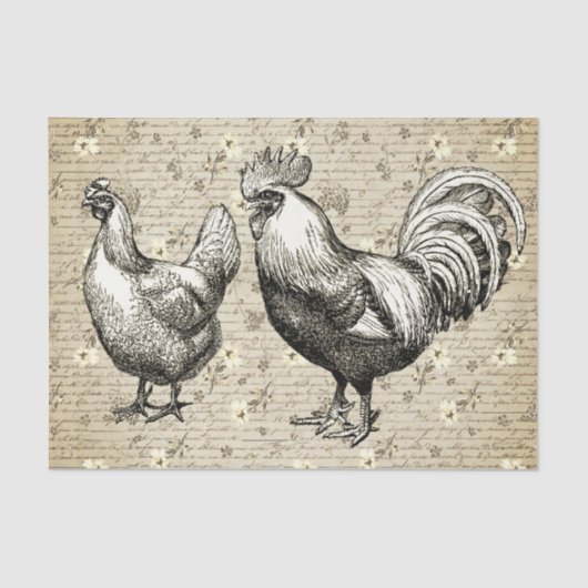Antiek  Beige Rooster Hen Frans Script Tissuepapier (Voorkant)