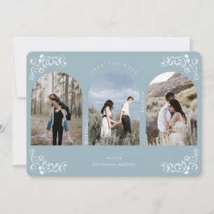  Antiek blauw 3 foto's met blauw scrollbord Save The Date