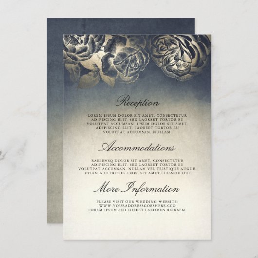 Antiek Blauw en Goud Bruiloft Informatie Gast Informatiekaartje (Voorkant / Achterkant)