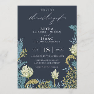 Antiek Blauw Engels Bloemen Huwelijk Kaart
