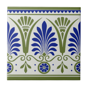 Antiek Blauw Groen Palmette Deco Border Tile Repro Tegeltje