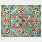 ANTIEK BLAUW ROOD WIT BLOEMIG OEZBEEKS BORDUURWERK FLEECE DEKEN (Voorkant (Horizontaal))