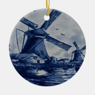 Antiek blauw tapijtschelp - Windmolens met water Keramisch Ornament