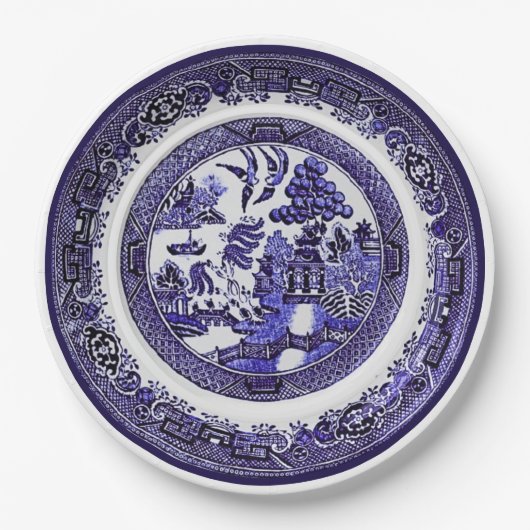 Antiek blauw Willow Pattern circa 1790 Papieren Bordje (Voorkant)