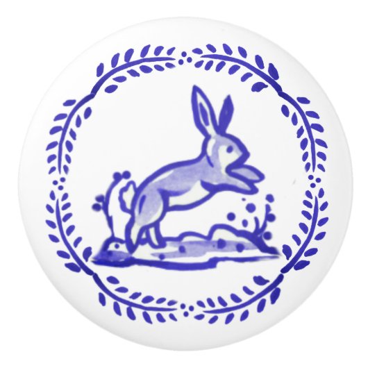 Antiek blauw wit konijn Delft look keramische romp Keramische Knop (Voorkant)