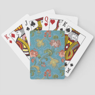 Antiek Blauwe Damast Bloem Goud Brokaat Ontwerp Pokerkaarten