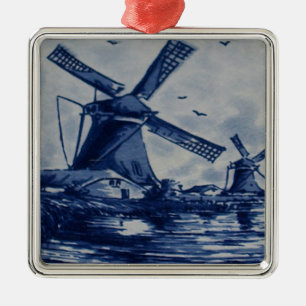 Antiek blauwe Tegel - Windmolens door water Metalen Ornament