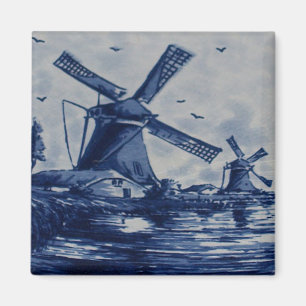 Antiek blauwe Tegel - Windmolens met water B Magneet