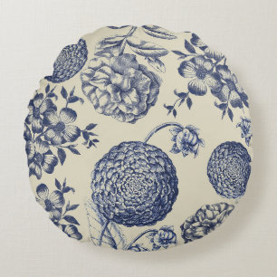 Antiek Blauwe Toile Botanische Bloemenprint Bloemm Rond Kussen