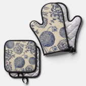 Antiek blauwe ventilator AfdrukFloral Ovenwant & Pannenlap Set (Voorkant / Achterkant)