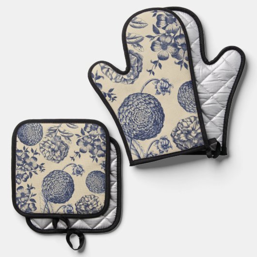 Antiek blauwe ventilator AfdrukFloral Ovenwant & Pannenlap Set (Voorkant / Achterkant)