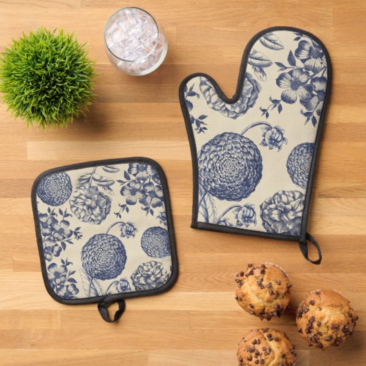 Antiek blauwe ventilator AfdrukFloral Ovenwant & Pannenlap Set (Top down)