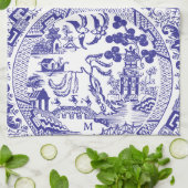 Antiek Blauwe Wilg China Patroon  Monogram Theedoek (Gevouwen)