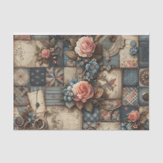 Antiek Bloemen Denim Patchwork Decoupage Print Tissuepapier (Voorkant)