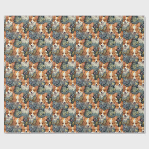 Antiek Bloemmotief Corgi Patroon Mooie Botanische Cadeaupapier