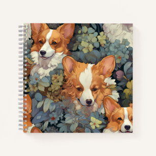 Antiek Bloemmotief Corgi Patroon Mooie Botanische Notitieboek