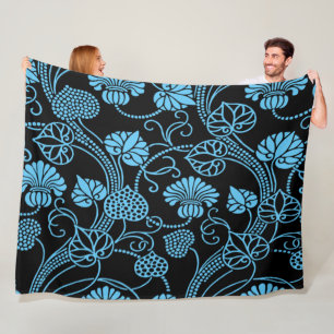 Antiek bloempatroon Zwart op Blauwe Fleece Deken