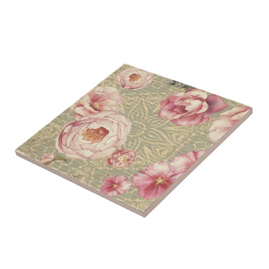 Antiek bloesems en petals op het Damaskpapier Tegeltje (Zijkant)