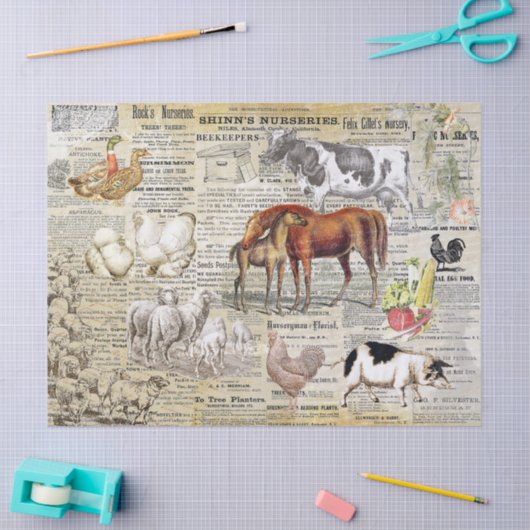 Antiek  boerderijdieren Ephemera Beige Tissuepapier (Craft)