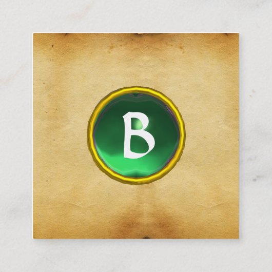 ANTIEK BROWN PARCHMENT, GROEN GEM STONE MONOGRAM VIERKANTE VISITEKAARTJE (Achterkant)
