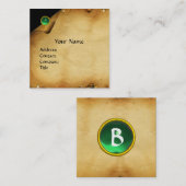ANTIEK BROWN PARCHMENT, GROEN GEM STONE MONOGRAM VIERKANTE VISITEKAARTJE (Voorkant / Achterkant)