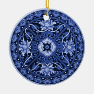 Antiek Chinees blauw en wit Mandala Keramisch Ornament
