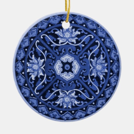 Antiek Chinees blauw en wit Mandala Keramisch Ornament (Voorkant)