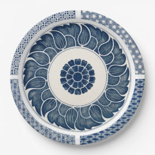 Antiek Chinees Blauw Witte Porselein Patroon Papieren Bordje