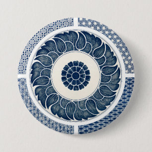 Antiek Chinees Blauw Witte Porselein Patroon Ronde Button 7,6 Cm