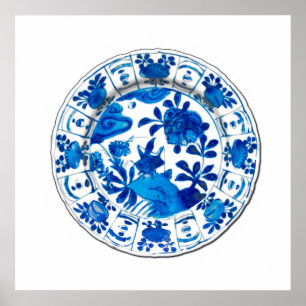 Antiek Chinees Bord, blauwe pony's Poster