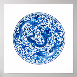 Antiek Chinees Bord, kobalt Blauwe Dragons Poster
