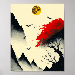 Antiek Chinees Inktschilderij: Golden Moon en Rood Poster