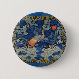 Antiek Chinees Kraanpatroon: Keizerblauw Ronde Button 5,7 Cm