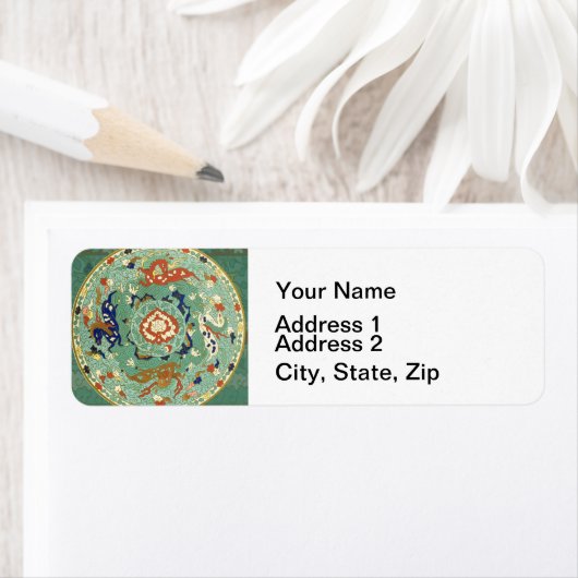 Antiek Chinese cirkel blauw groen Etiket (Insitu)